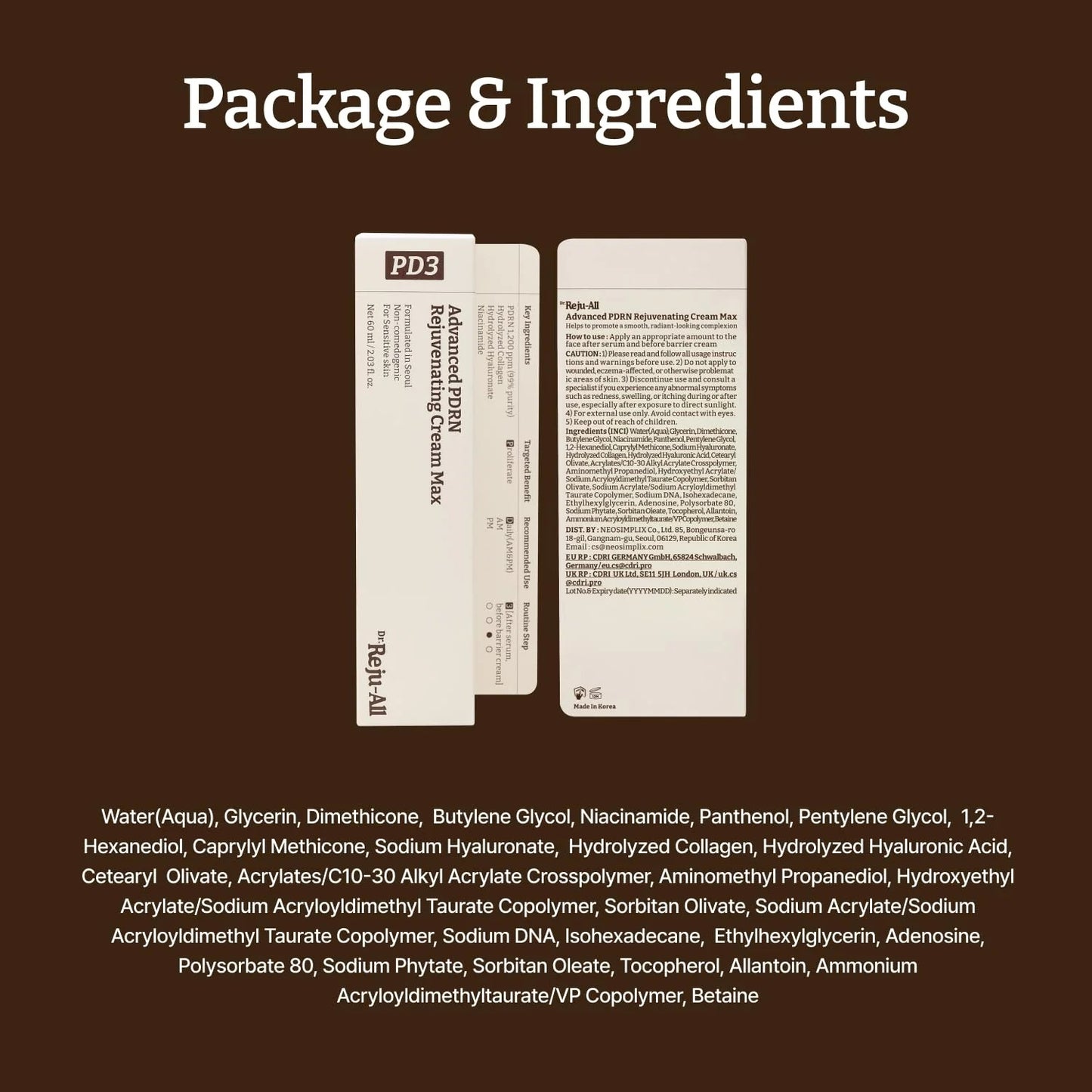 Product package with ingredients list on a brown background
