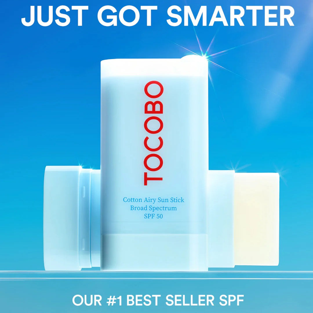 Tocobo sunscreen stick on a blue background with promotional text.