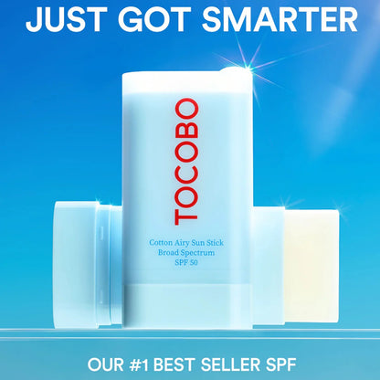 Tocobo sunscreen stick on a blue background with promotional text.