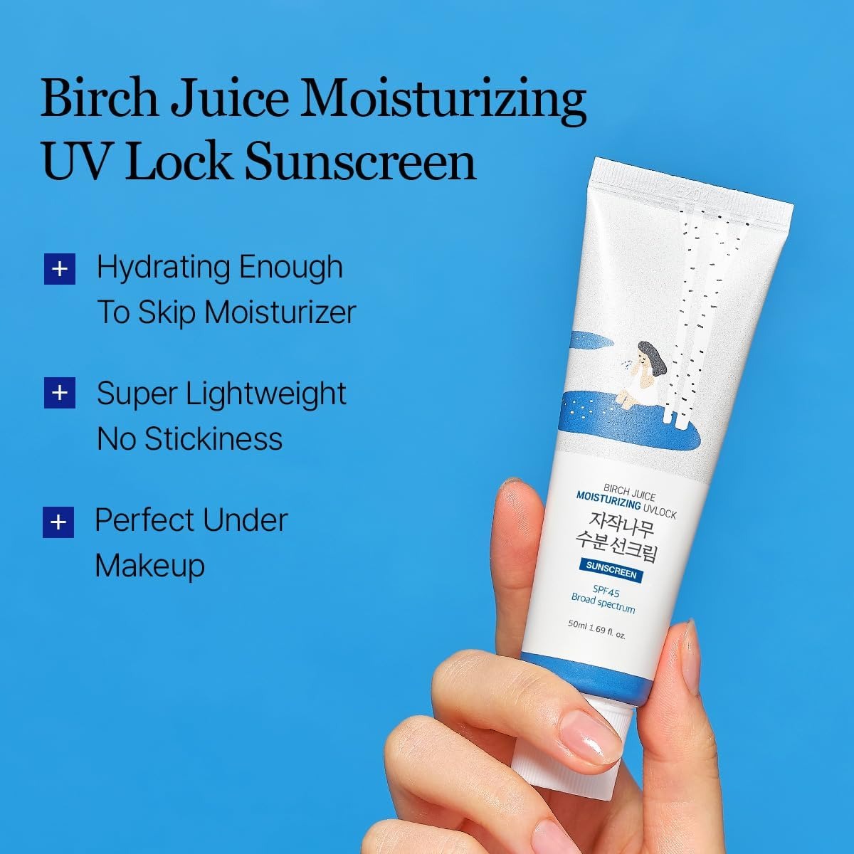 Birch Juice Moisturizing UV Lock Sunscreen tube held by a hand with blue background and product features listed.