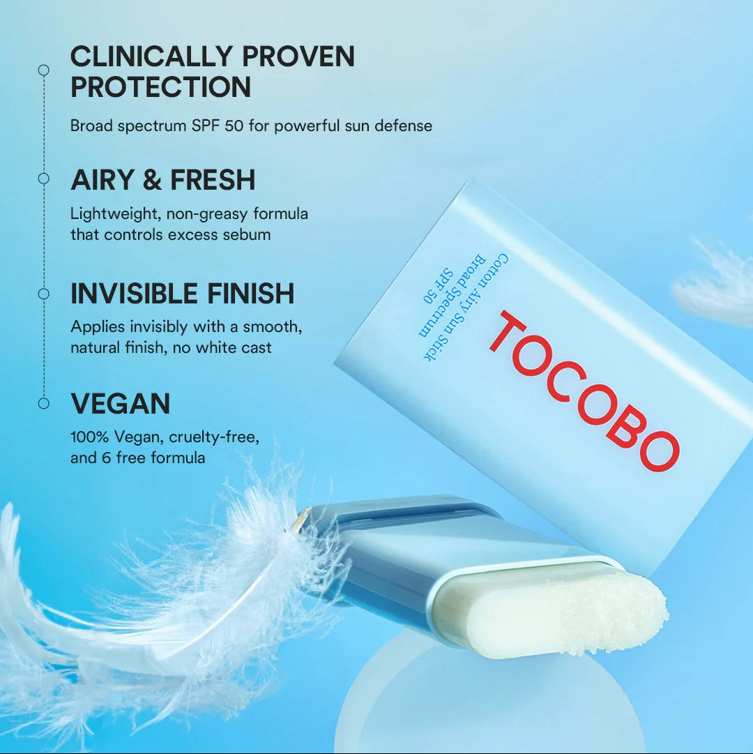 Tocobo skincare product with features listed on a blue background