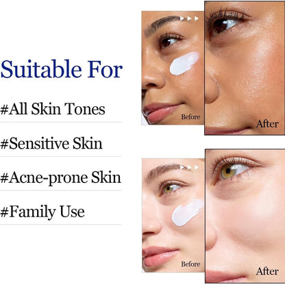 Cosmetic product before and after application on skin with text indicating suitability for various skin types.
