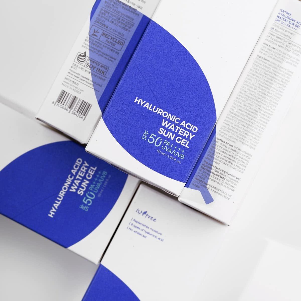 Hyaluronic Acid Watery Sun Gel packaging with blue and white design on a light gray background
