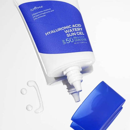 Blue and white sun gel container with pump on a white background