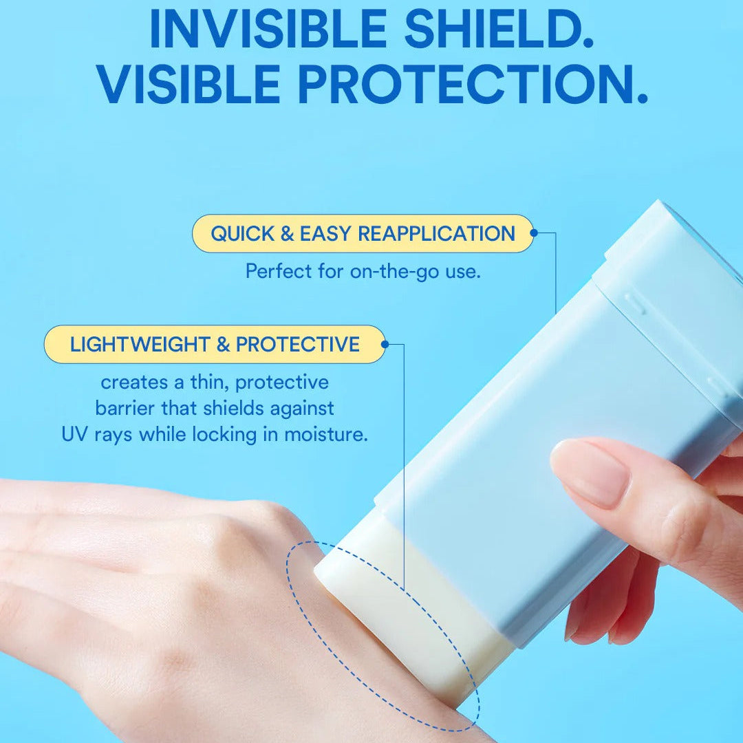Hand applying sunscreen cream with text highlighting features on a blue background