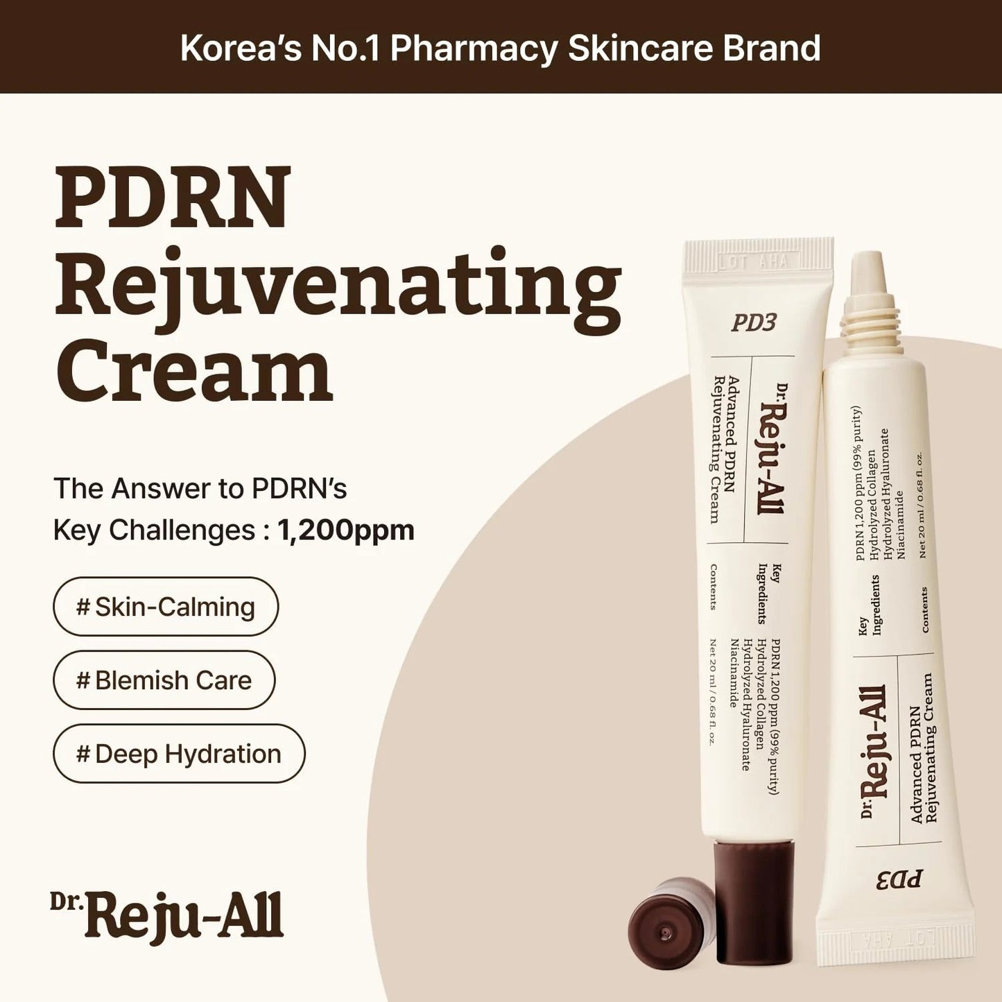 Dr. Reju-All PDRN Rejuvenating Cream with product packaging on a beige background