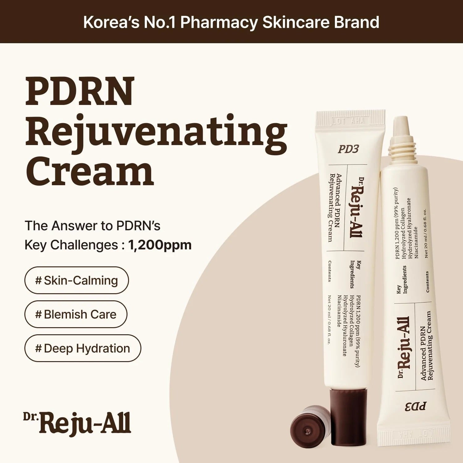 Dr. Reju-All PDRN Rejuvenating Cream with product packaging on a beige background