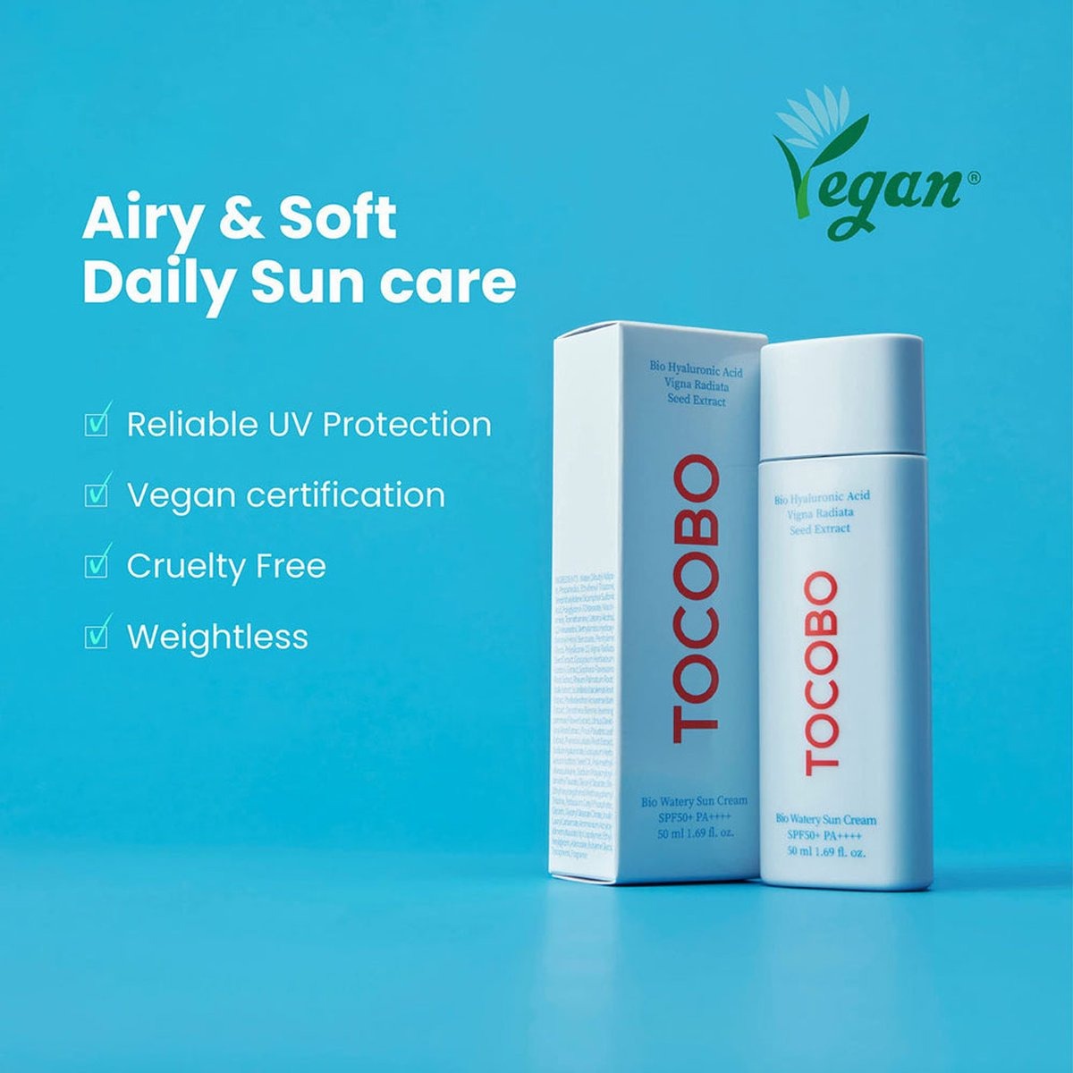 Tocobo sun care product with packaging on a blue background