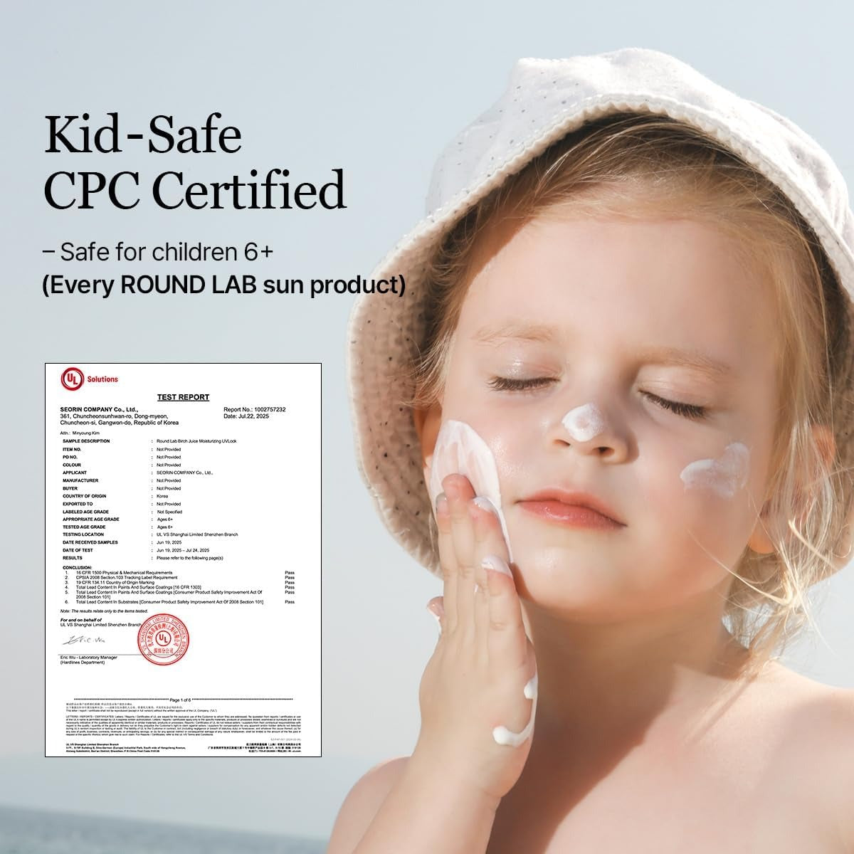 Child applying sun cream with a certification document on a light blue background