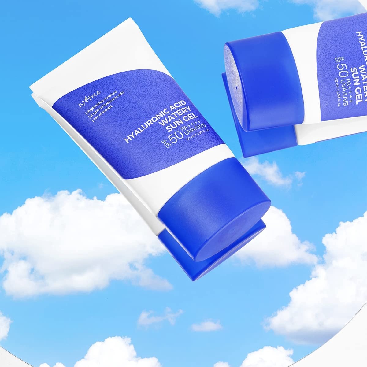 Two tubes of Hyaluronic Acid Watery Sun Gel against a blue sky background