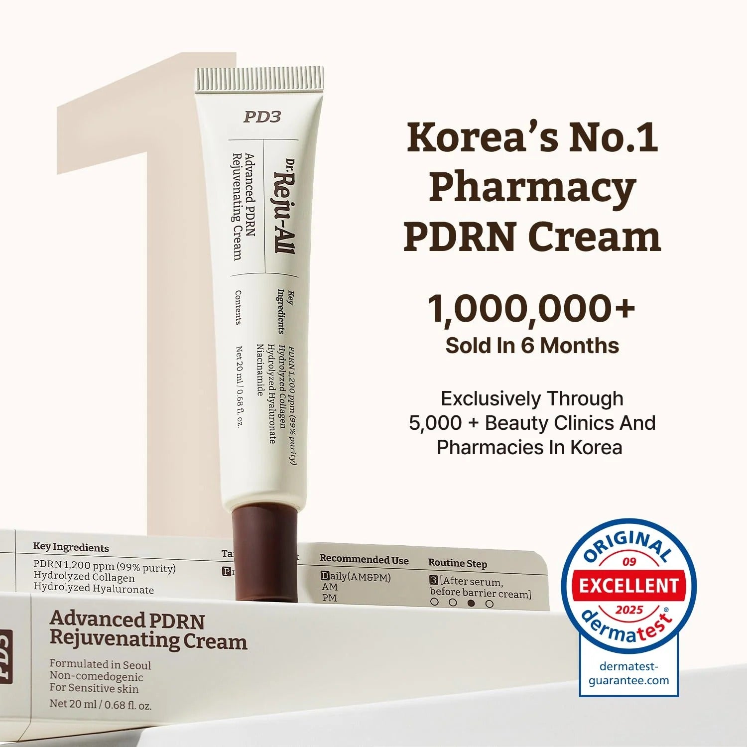 Korean PDRN cream with packaging and promotional text on a white background