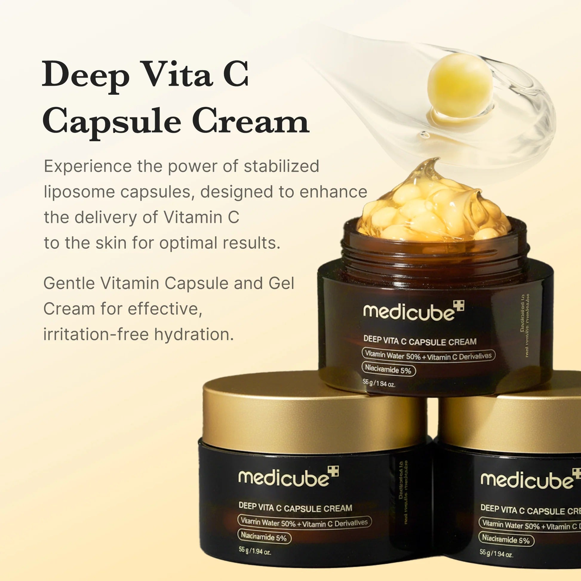 Medicube Deep Vita C Capsule Cream jars with text on a beige background