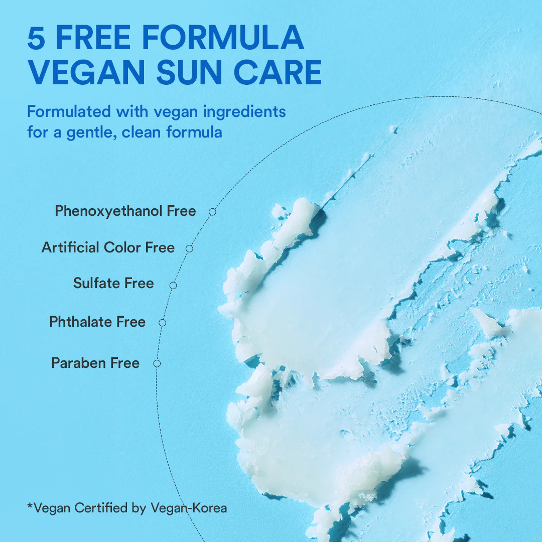 Vegan sun care product with text highlighting free ingredients on a blue background