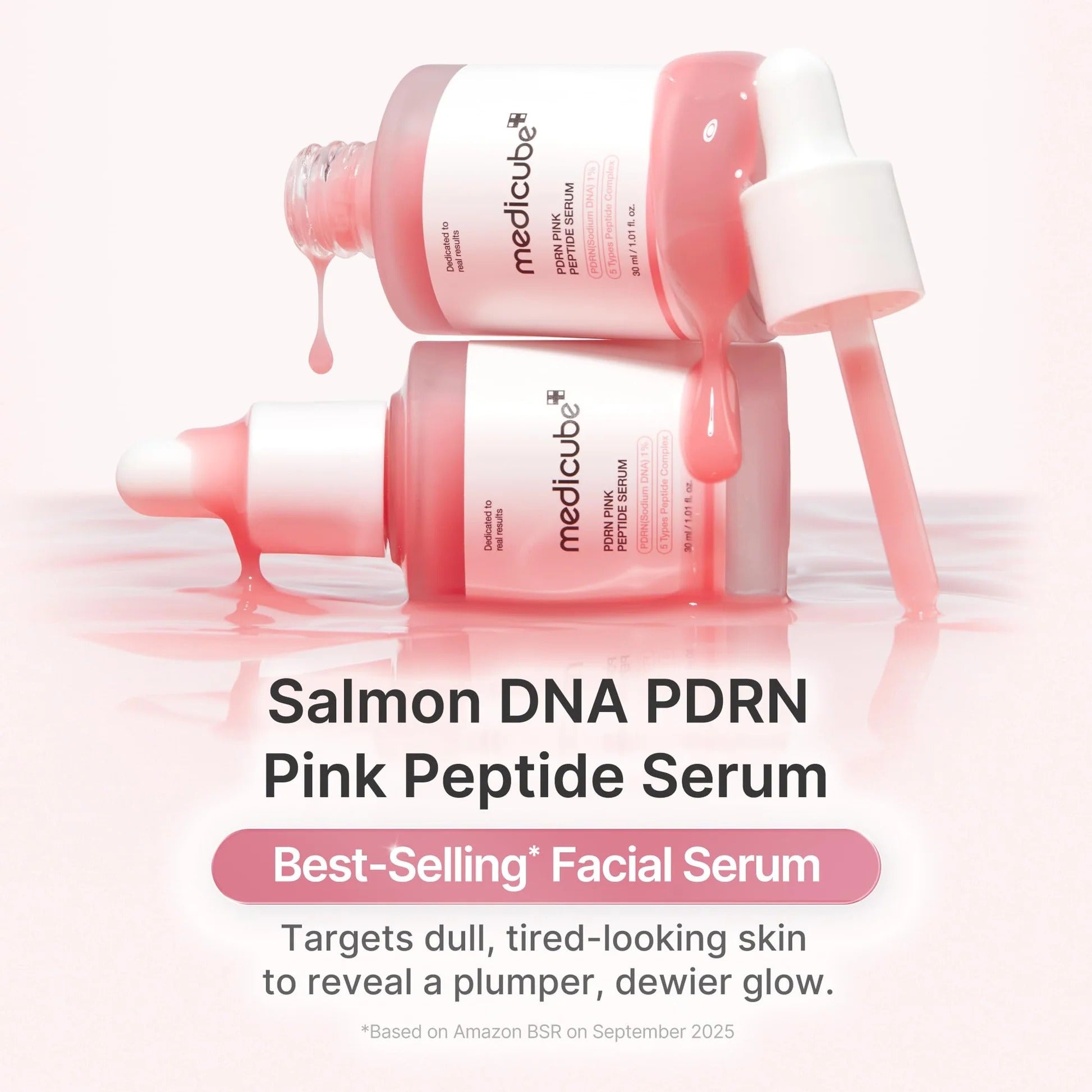 Pink peptide serum bottle with dropper on a white background