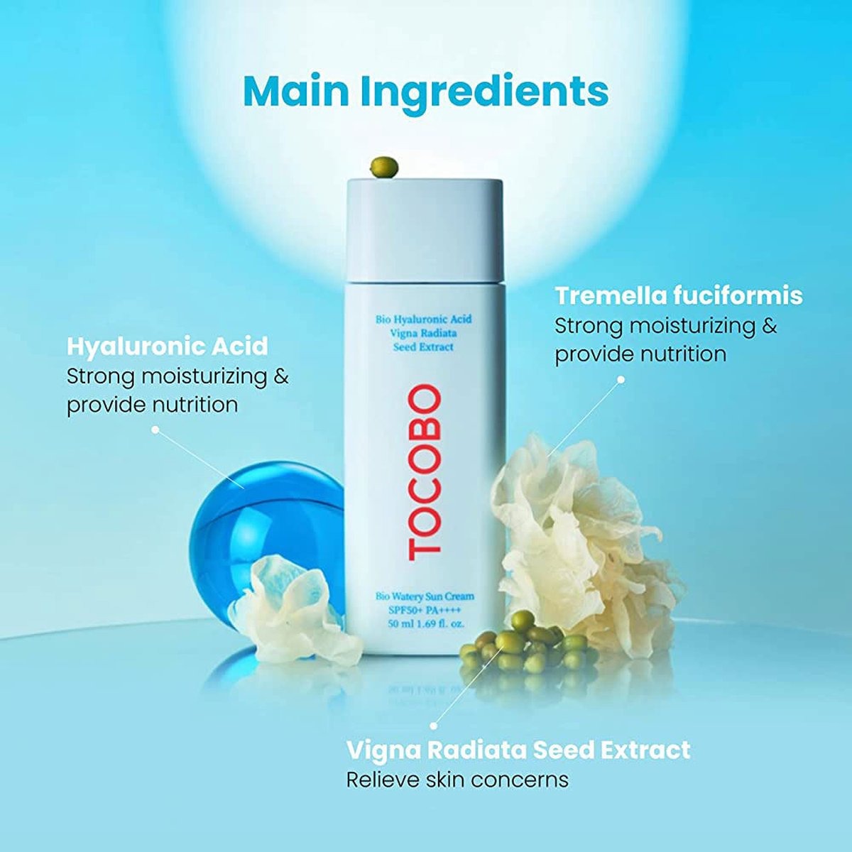 Tocobo skincare product with main ingredients highlighted on a blue background