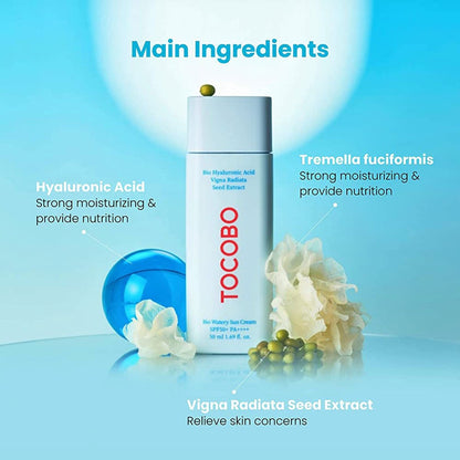 Tocobo skincare product with main ingredients highlighted on a blue background