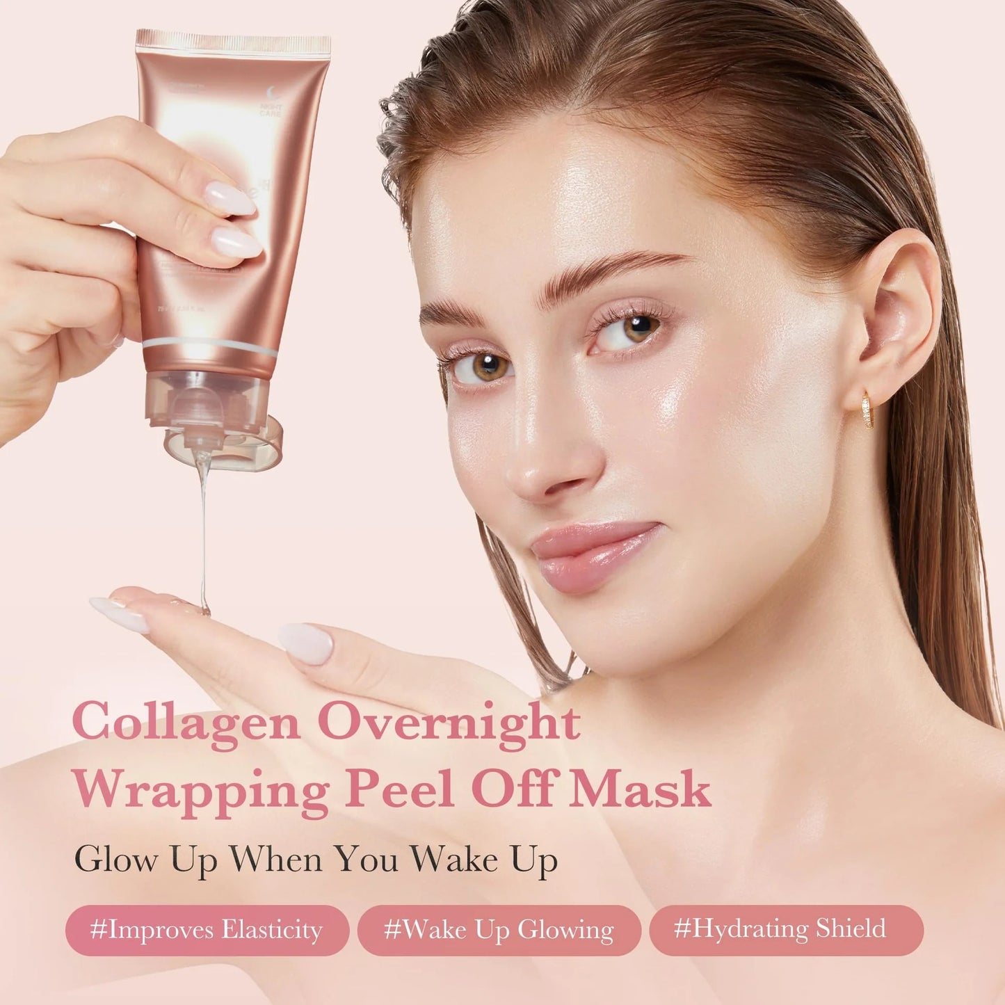 Woman applying a collagen overnight wrapping peel off mask with a pink tube on a light pink background.