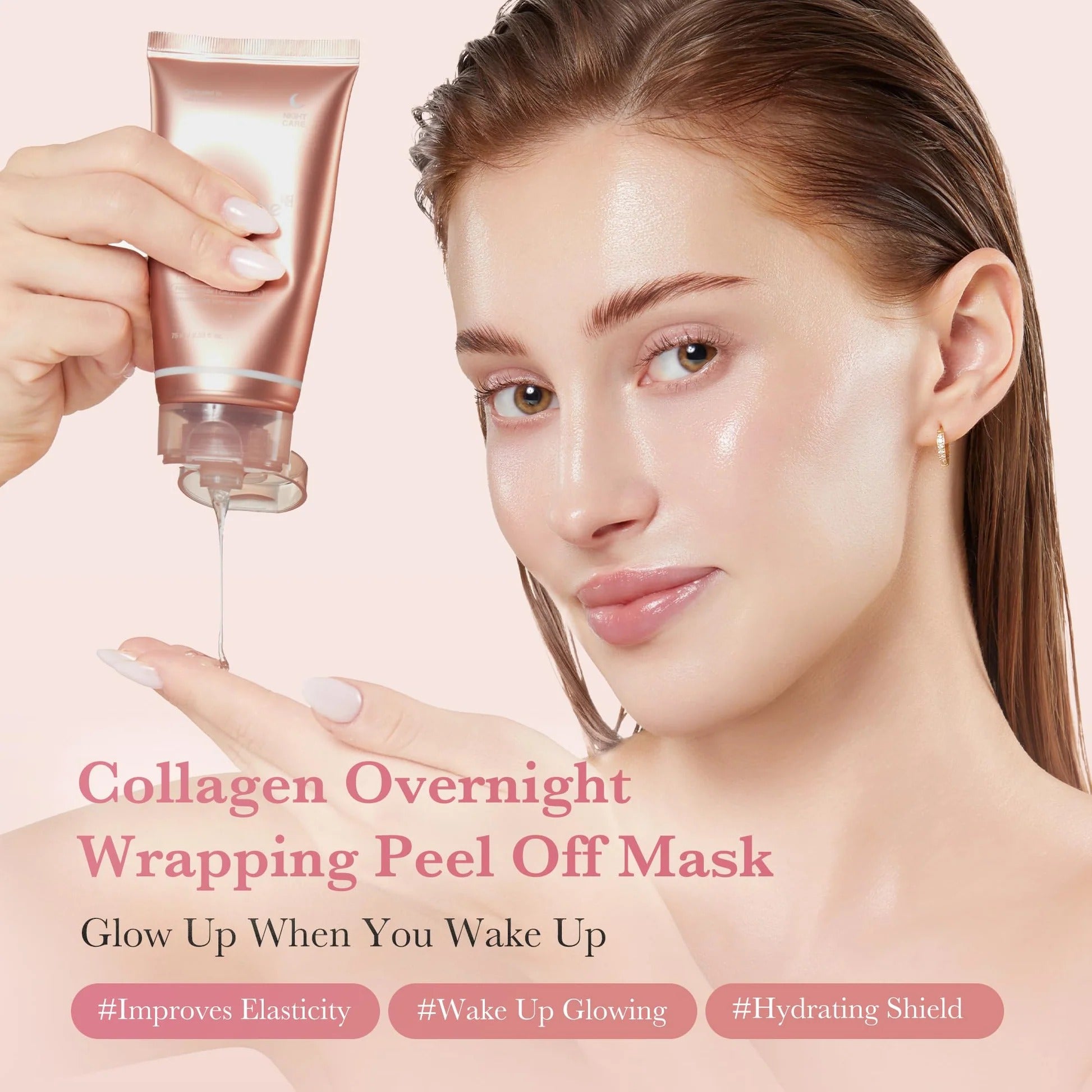 Woman applying a collagen overnight wrapping peel off mask with a pink tube on a light pink background.