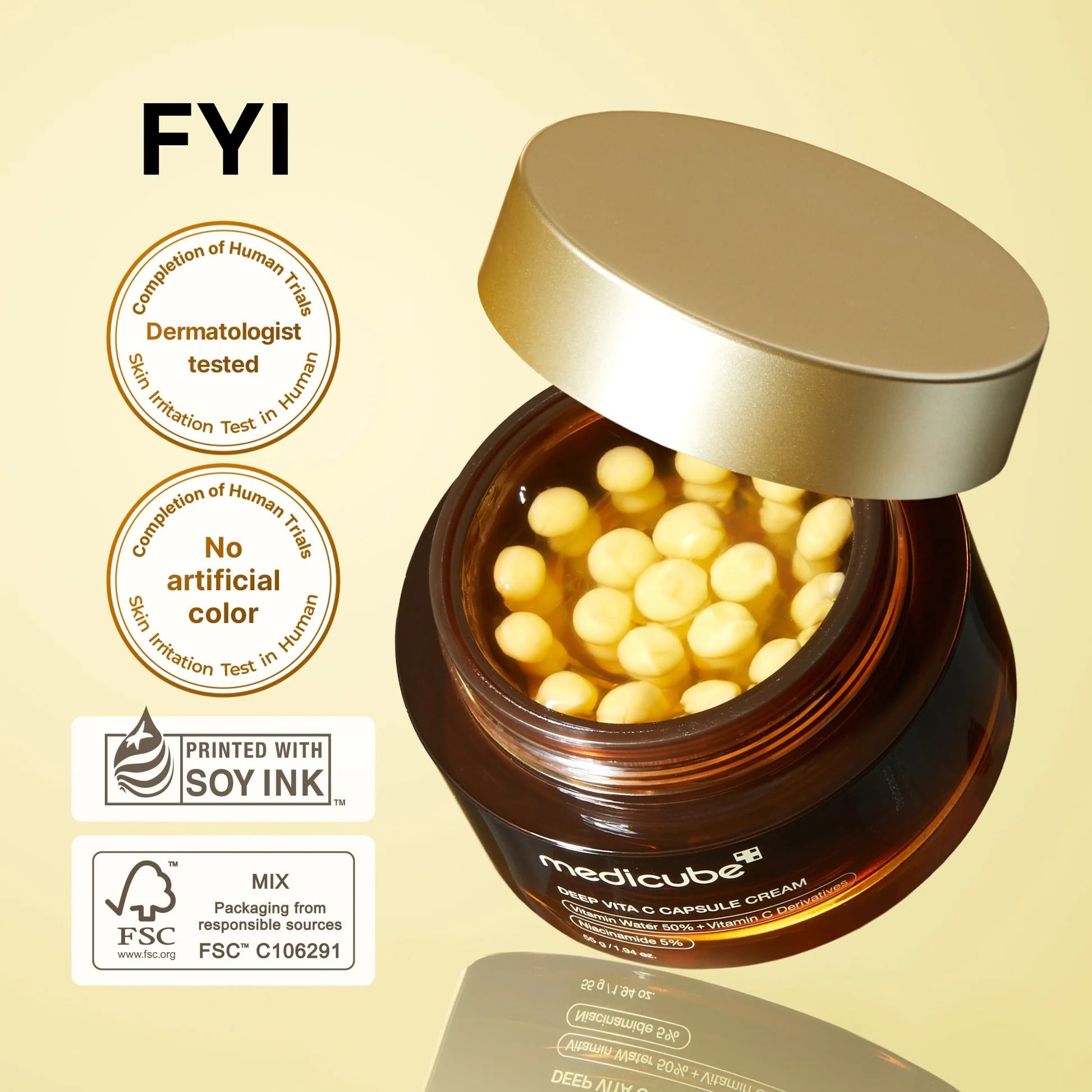 Jar of cream with capsules on a beige background, featuring 'FYI' branding and certification logos.