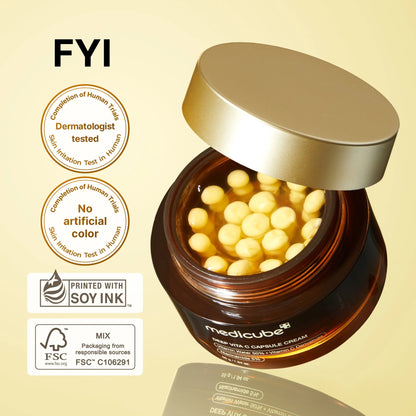 Jar of cream with capsules on a beige background, featuring 'FYI' branding and certification logos.