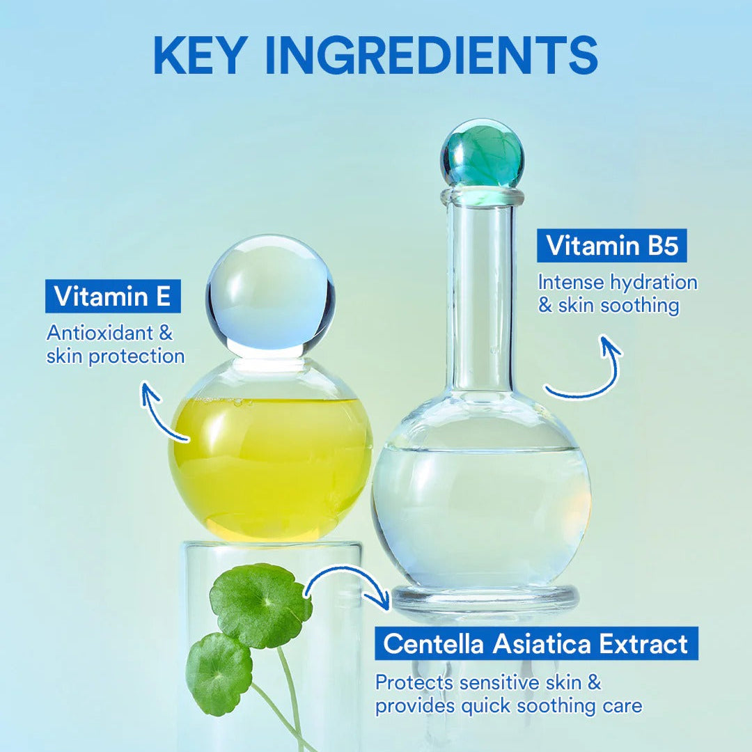 Key ingredients for skincare with labeled bottles and a plant on a gradient blue background