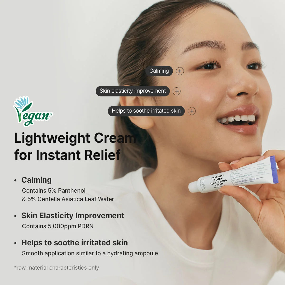 Woman holding a tube of cream with product features highlighted on a white background