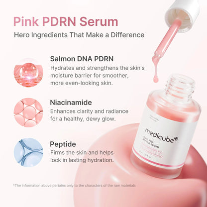 Pink PDRN Serum with ingredients listed on a white background