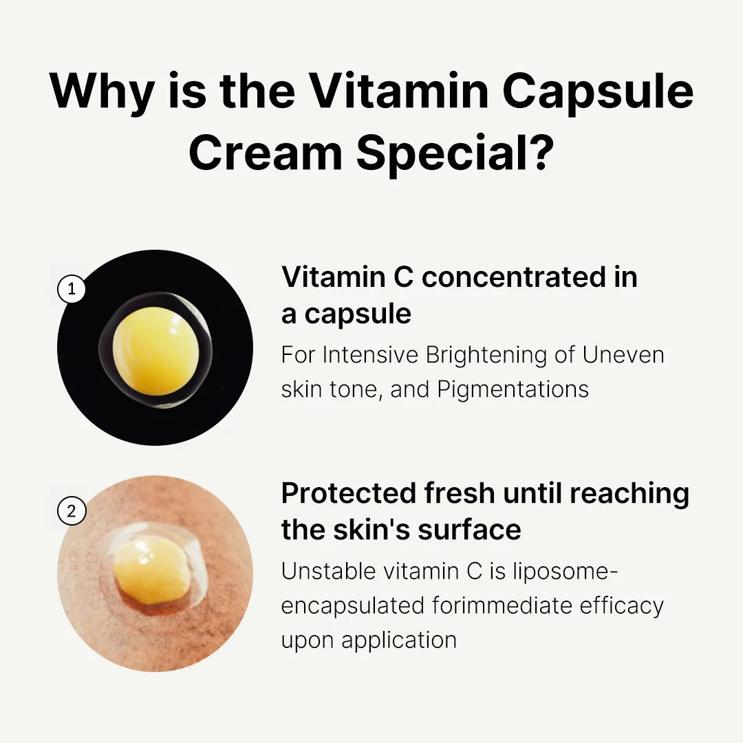 Vitamin Capsule Cream advertisement with text and images of a vitamin capsule and skin application.