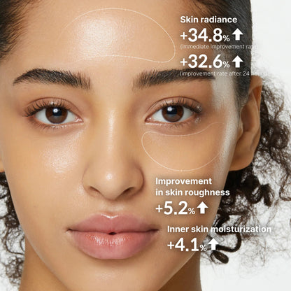 Close-up of a woman's face with skin improvement statistics overlaid