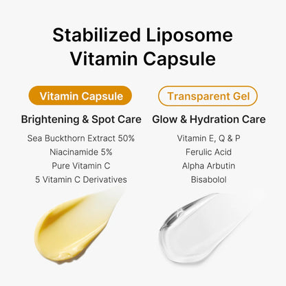 Stabilized liposome vitamin capsule product description with yellow and clear gel samples on a white background.