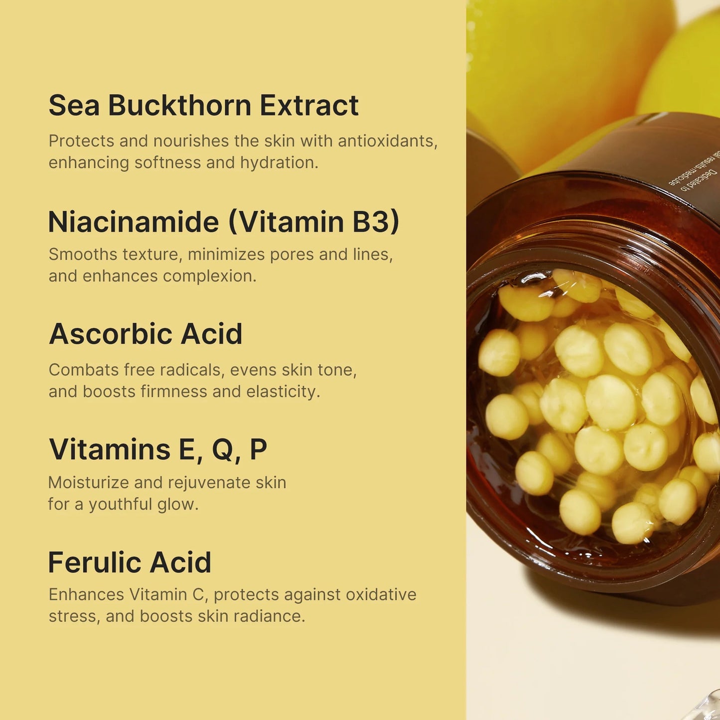 Jar of yellow capsules with sea buckthorn extract and other vitamins on a beige background
