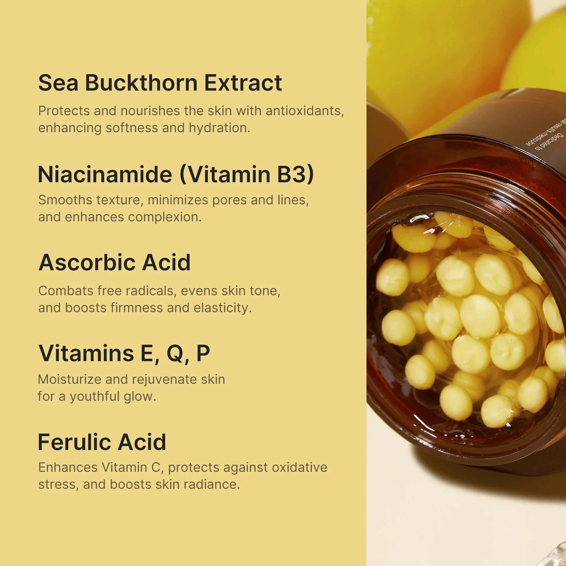 Jar of yellow capsules with sea buckthorn extract and other vitamins on a beige background