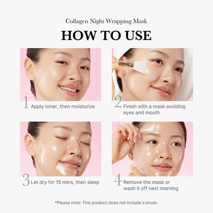 Instructions on how to use a collagen night wrapping mask with step-by-step images.