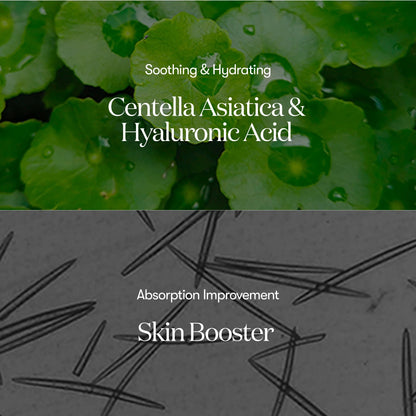Product advertisement with green leaves and text about Centella Asiatica and Hyaluronic Acid for skin booster effects.