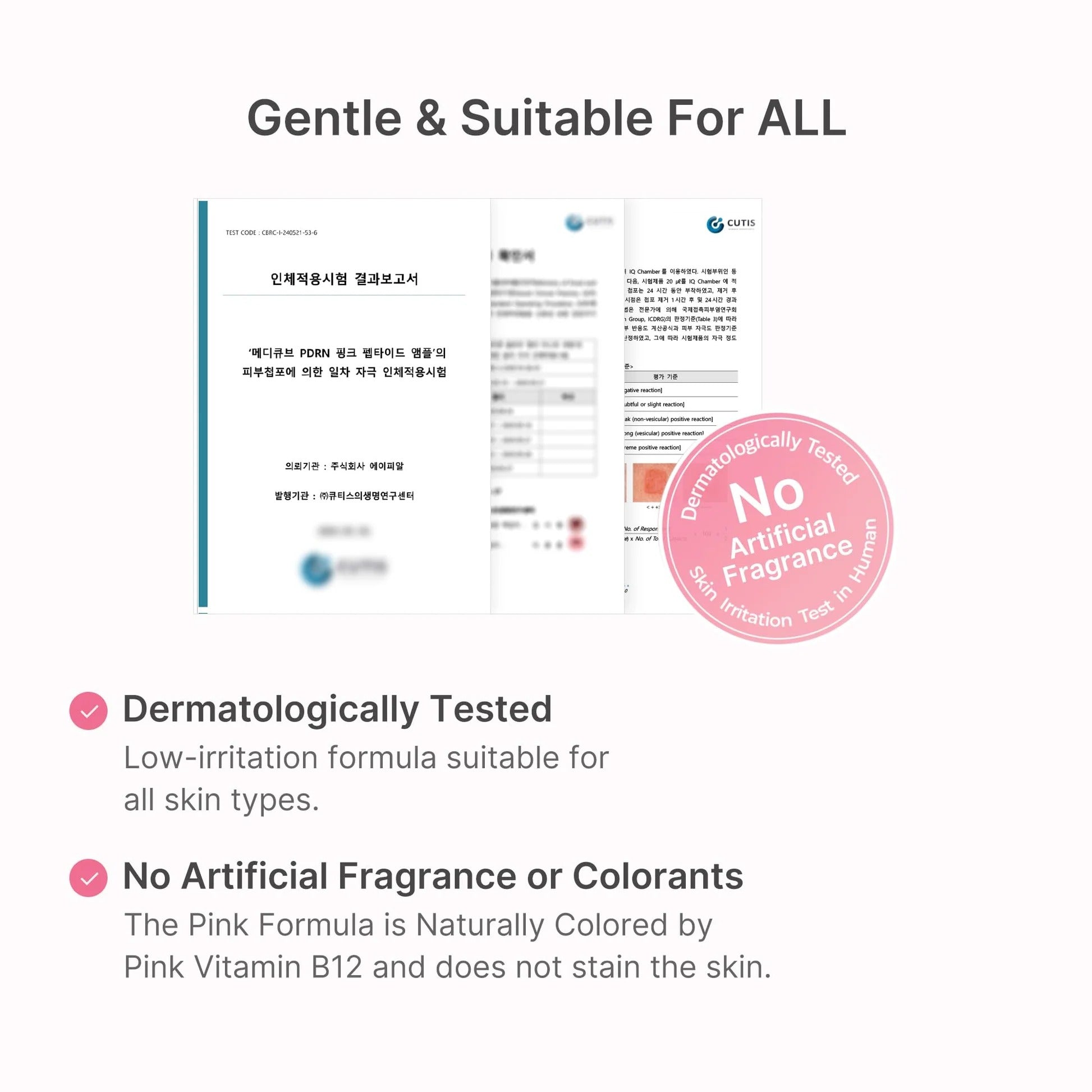 Product packaging with text indicating dermatological testing and no artificial fragrance or colorants.