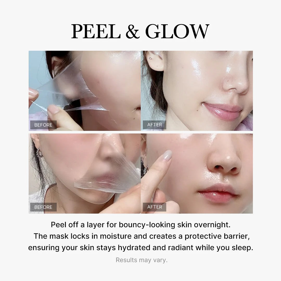 Before and after effects of a peel and glow product on skin with text describing its benefits.