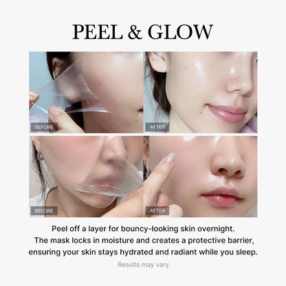 Before and after effects of a peel and glow product on skin with text describing its benefits.