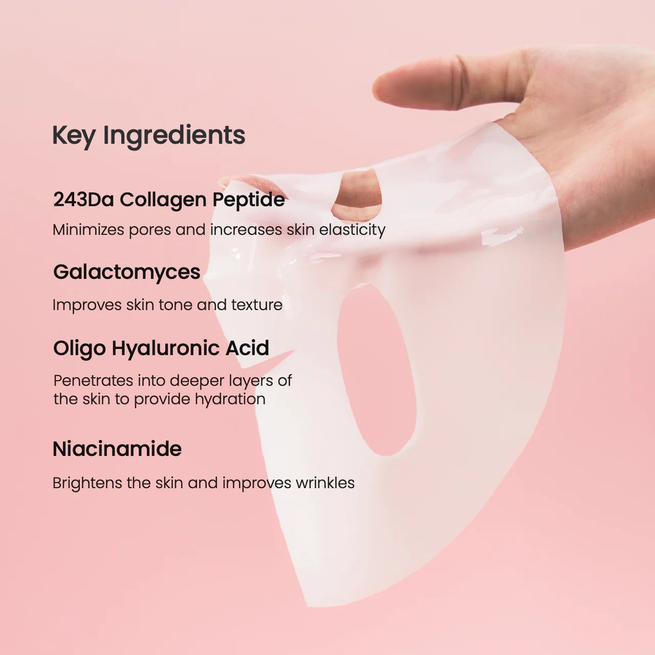 Collagen peptide sheet mask with key ingredients listed on a pink background