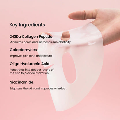 Collagen peptide sheet mask with key ingredients listed on a pink background
