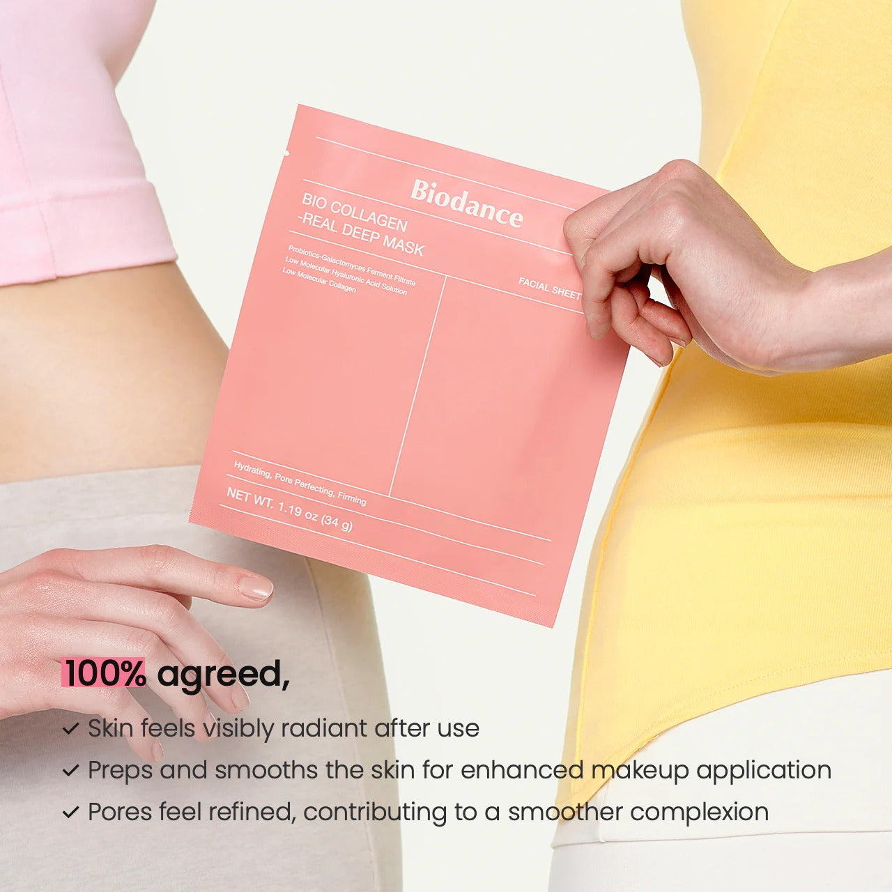 Person holding a Biodance sheet mask with product benefits text below