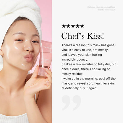 Woman with a face mask holding a product, with text about the mask's benefits on the right.