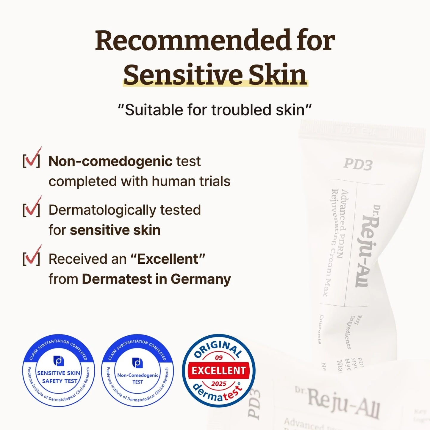Product packaging with text and logos indicating suitability for sensitive skin and dermatological testing.