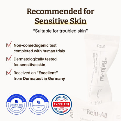 Product packaging with text and logos indicating suitability for sensitive skin and dermatological testing.