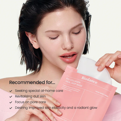 Woman holding a Biodance facial sheet mask with product details on a light background