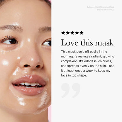 Close-up of a person's face with a Kojic Acid Turmeric Overnight Wrapping Peel Off Mask applied, featuring a five-star rating and customer review.