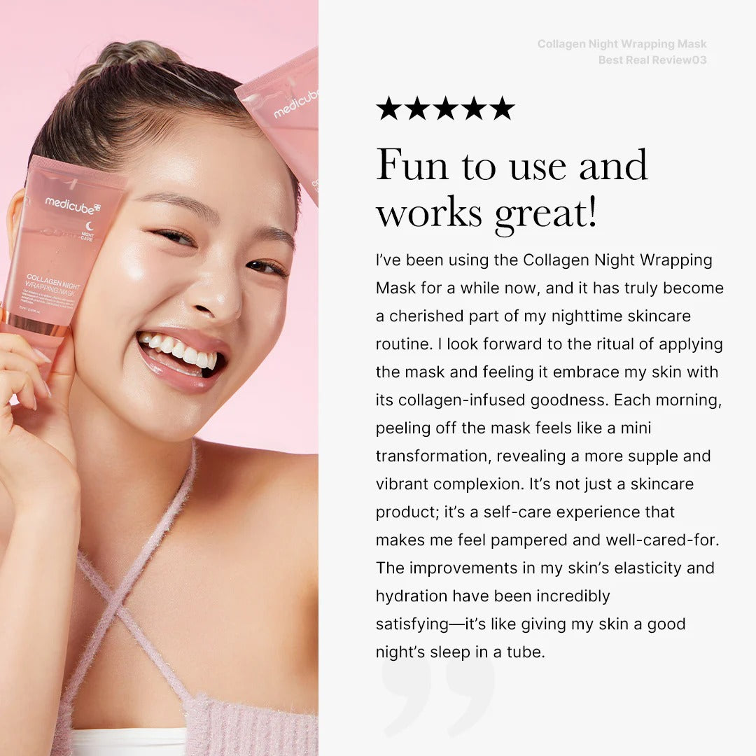 Woman using a Collagen Night Wrapping Mask with positive review text on a pink background