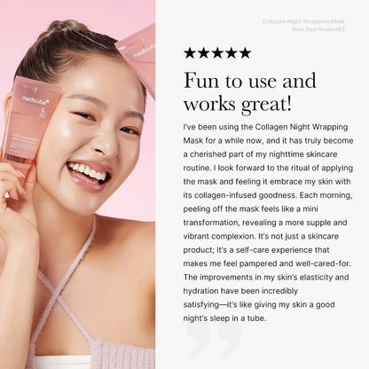 Woman using a Collagen Night Wrapping Mask with positive review text on a pink background