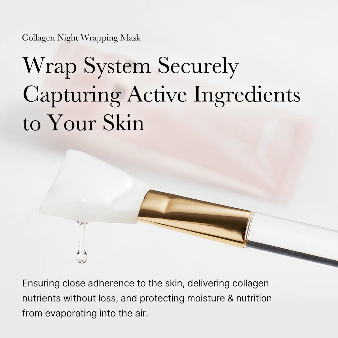 Collagen night wrapping mask with text about its benefits on a light background