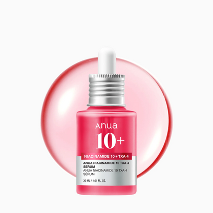 Anua 10+ serum bottle with dropper on a white background