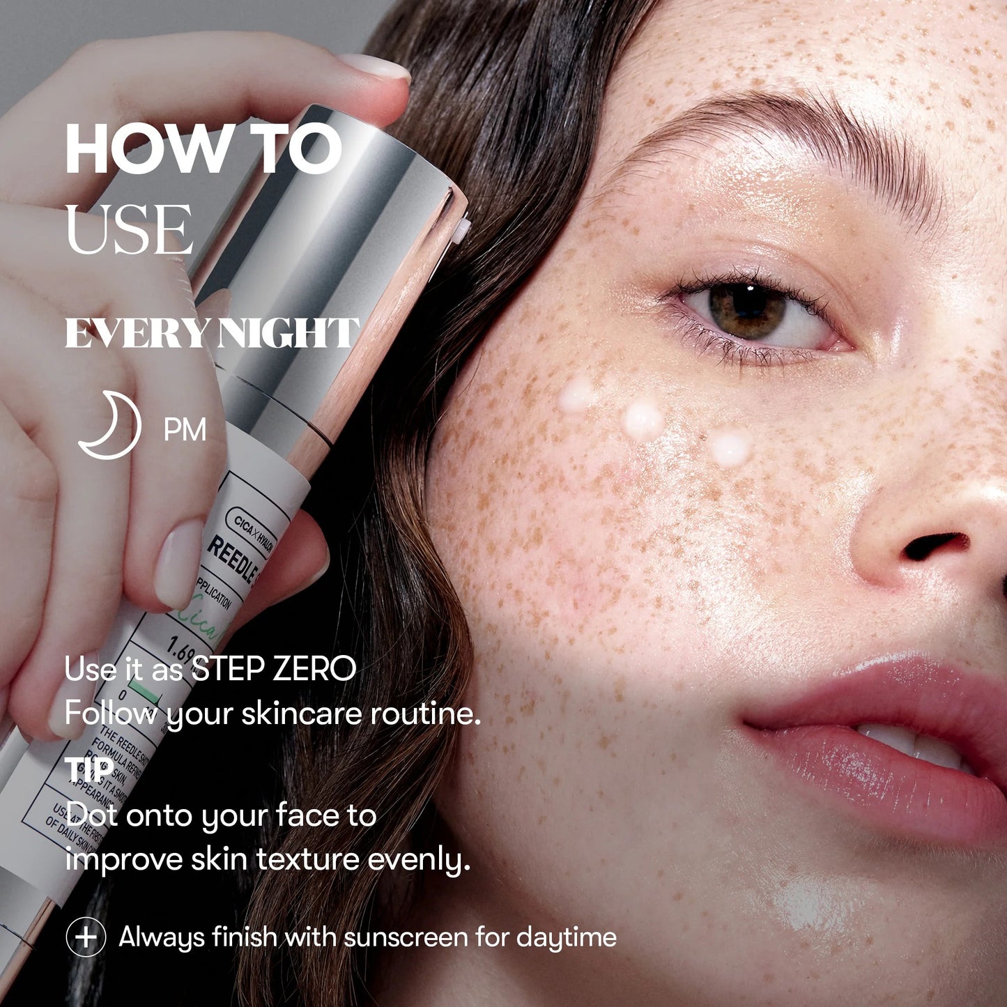 Skincare product being applied to a face with text on how to use it every night.
